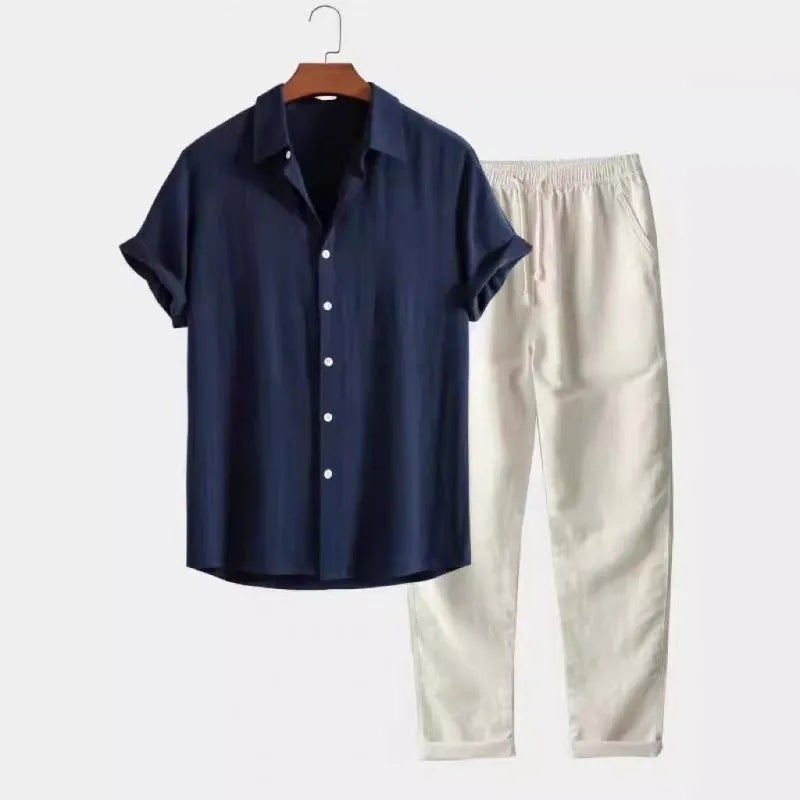 Men's casual matching shirt and trousers set in linen-blend fabric with short sleeves