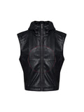 Short hood slim fit men's PU leather waistcoat in black with five-pointed star detail