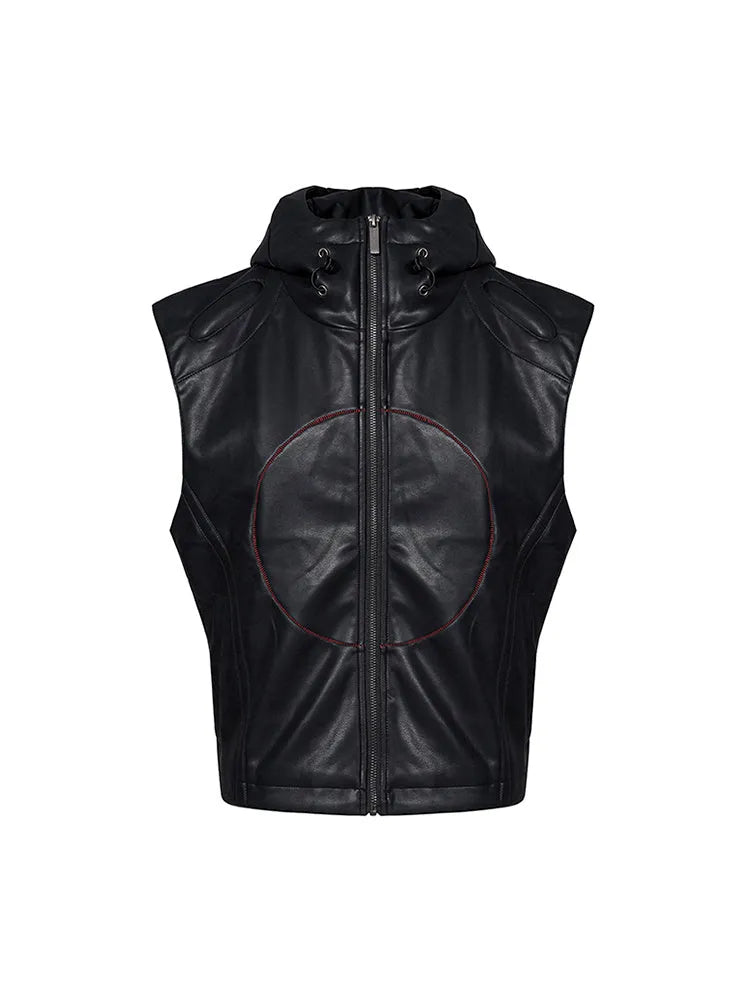 Short hood slim fit men's PU leather waistcoat in black with five-pointed star detail