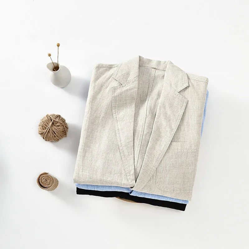 Men's linen solid colour thin suit coat with size stick pocket in white black light blue dark blue linen S-3XL