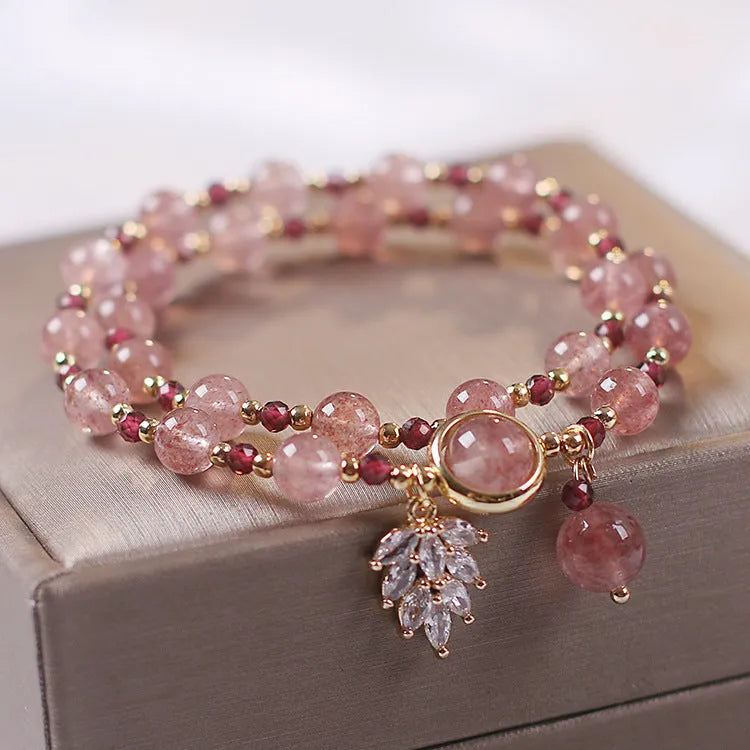 Women's double layer strawberry quartz bracelet with Lucky Cat charm in Red Cat's Eye Flowers colour