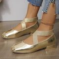 Slip-on pumps with attached skirt in gold, low heel, square toe, artificial PU upper, rubber sole