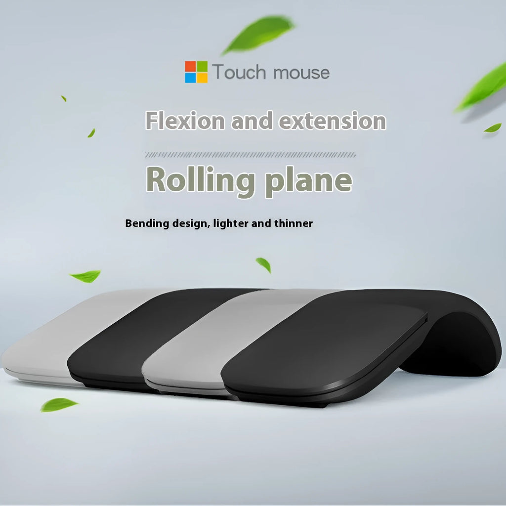 Folding wireless touch mouse shown in black colour with Bluetooth connectivity