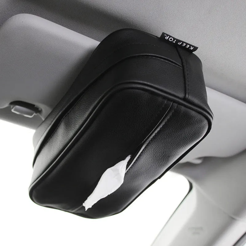 Black PU leather car hanging storage box with paper bag lining, dimensions 23x13x9cm