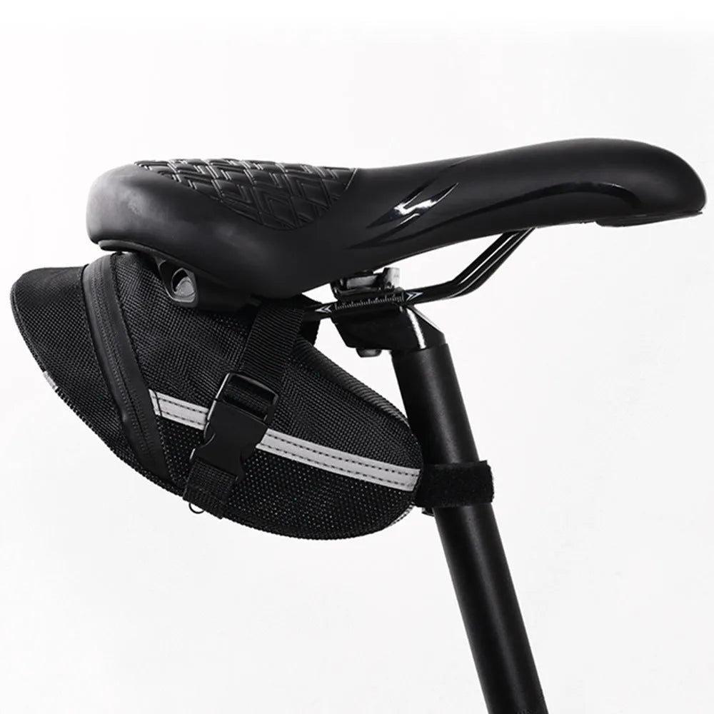 Black polyester quick-release mountain bike tail bag attached to a bicycle saddle, free size with padded interior