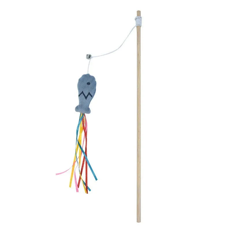 Colourful cat wand toy with wooden handle, elastic string, and a catnip fish with ribbons and a bell.