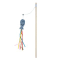 Colourful cat wand toy with wooden handle, elastic string, and a catnip fish with ribbons and a bell.