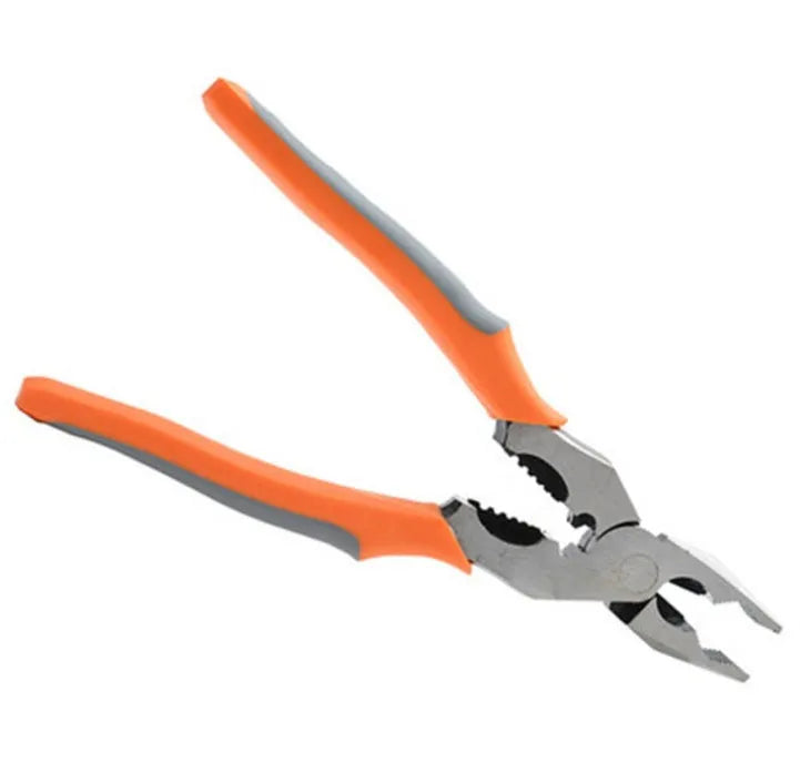 Orange multi-function wire cutter pliers with chrome steel head and textured black PVC handles on a workbench.