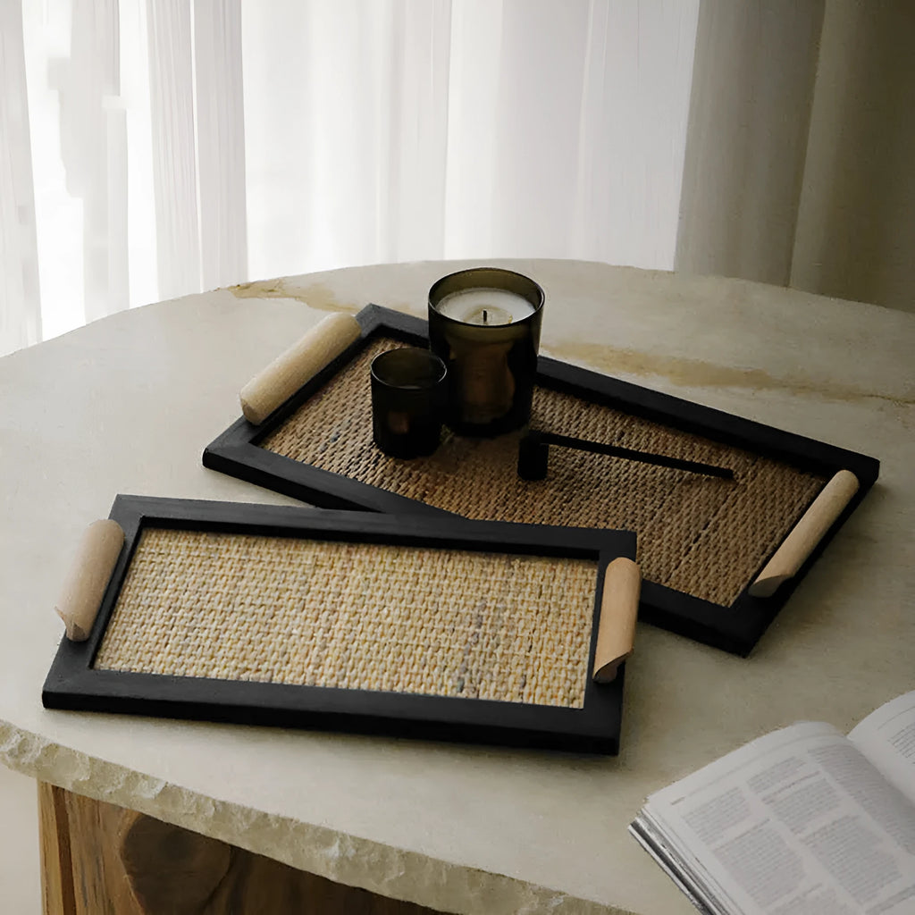 Pine wood compartment dining tray in elegant house style, shown in small and large sizes.