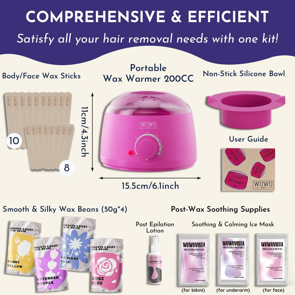 29-piece hard wax hair removal kit with black wax warmer, wax beads, sticks, and aftercare products