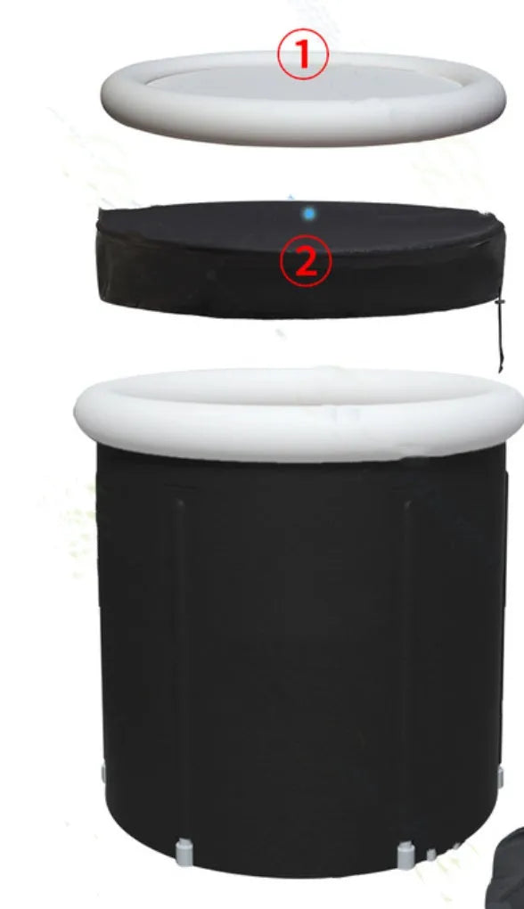 Portable inflatable ice bath in black, size 70x80cm, with weather lid, for outdoor recovery therapy