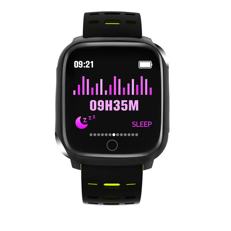 F16 smart watch with ECG monitor on a silicone wristband in black and green colour scheme.