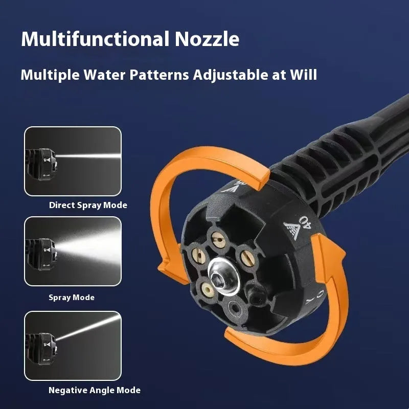 Green wireless high-pressure water gun with multiple nozzle attachments and accessories on a white background.