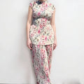 Printed chiffon dress set with high waist skirt and long sleeve top in picture colour