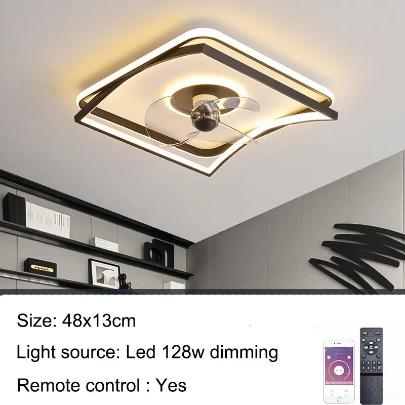 Fan lamp ceiling light in black round design with remote control for bedroom or dining room