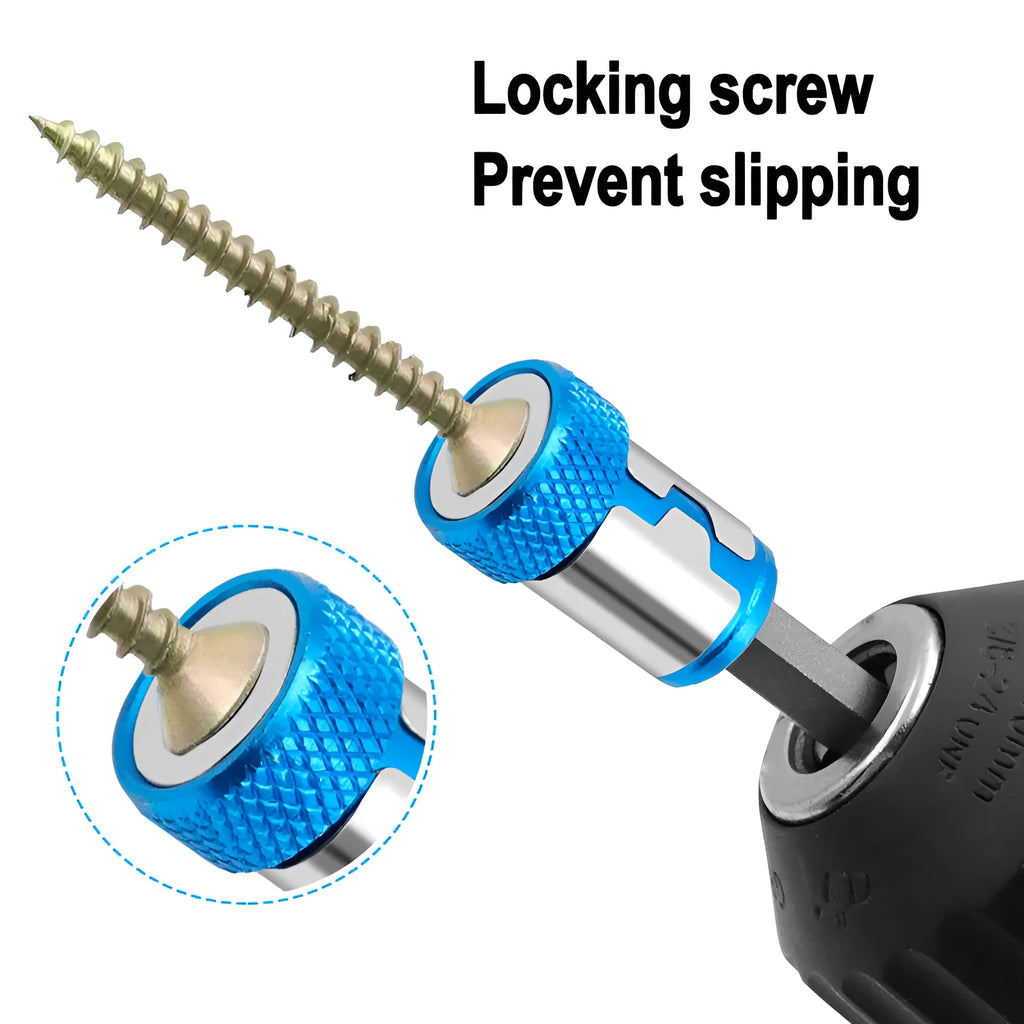 Light blue slotted screwdriver bit with magnetic ring for metric screwdrivers