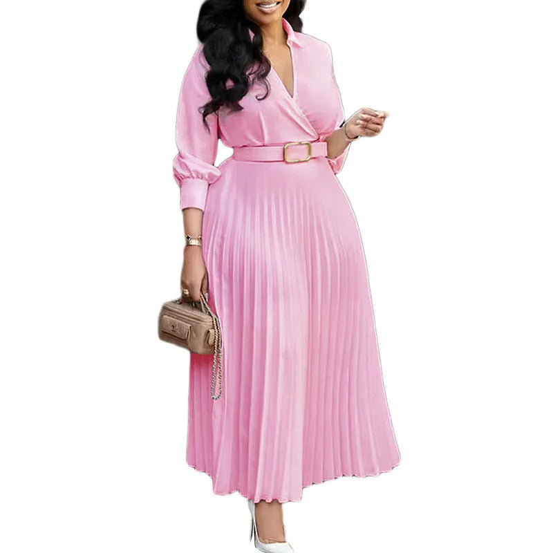 Solid colour polo collar pleated dress with belt, high waist, mid-length, three-quarter sleeves, black belt option