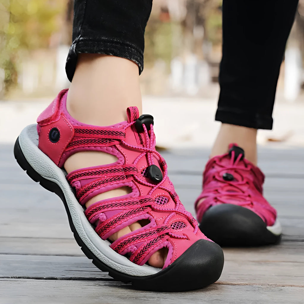 Women's plus size toe box sandals with elastic band, leather mesh upper, round toe, available in black