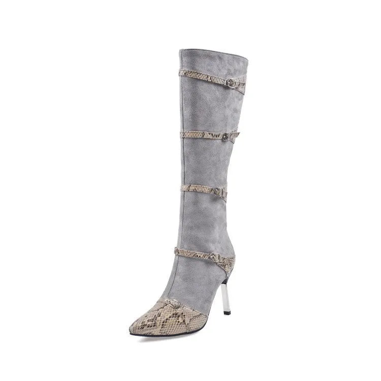 Women's grey knee-high boots with stiletto heels showing shaft height and PU leather texture