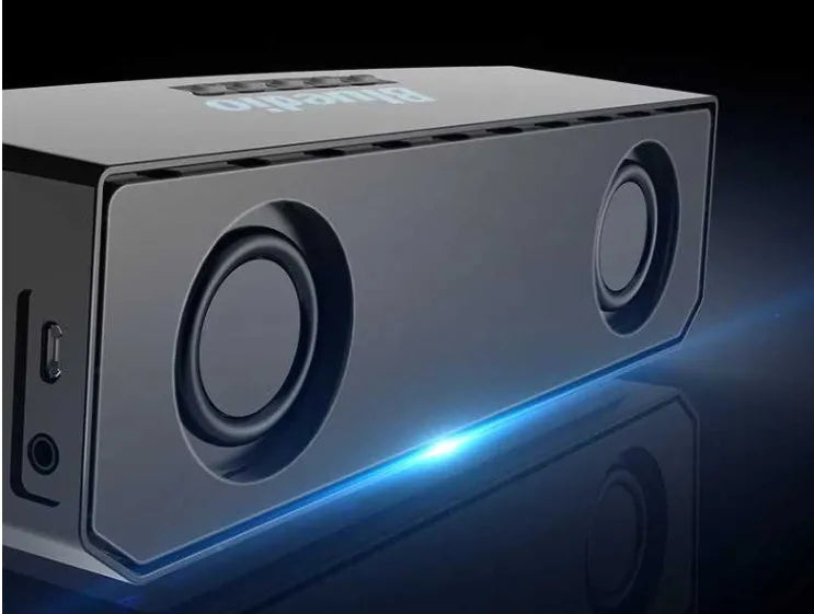 Black rectangular Bluetooth speaker with grille front showing 52mm drivers