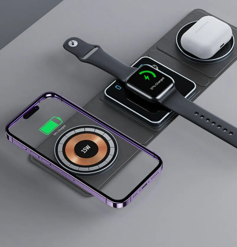 Black Magsafe transparent acrylic three-in-one wireless charger with Type-C port on a desk