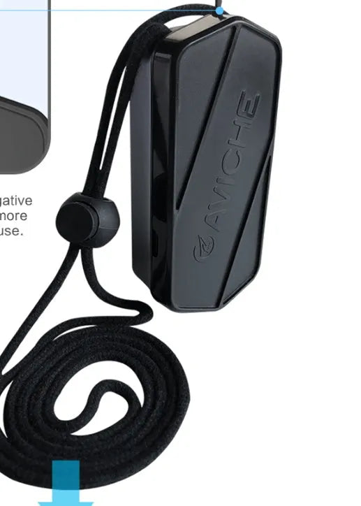 Black plastic air purifier necklace shown with dimensions of 80mm by 37mm by 24mm.
