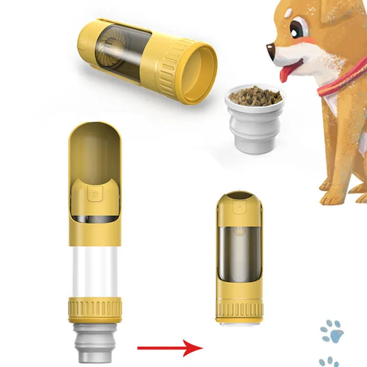 Dark blue, white or yellow portable dog water bottle with integrated drinking bowl