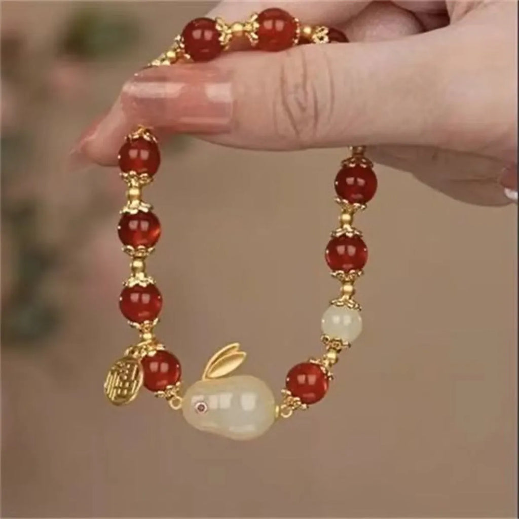 Handmade glass peace buckle bracelet with rabbit motif in national style, unisex design