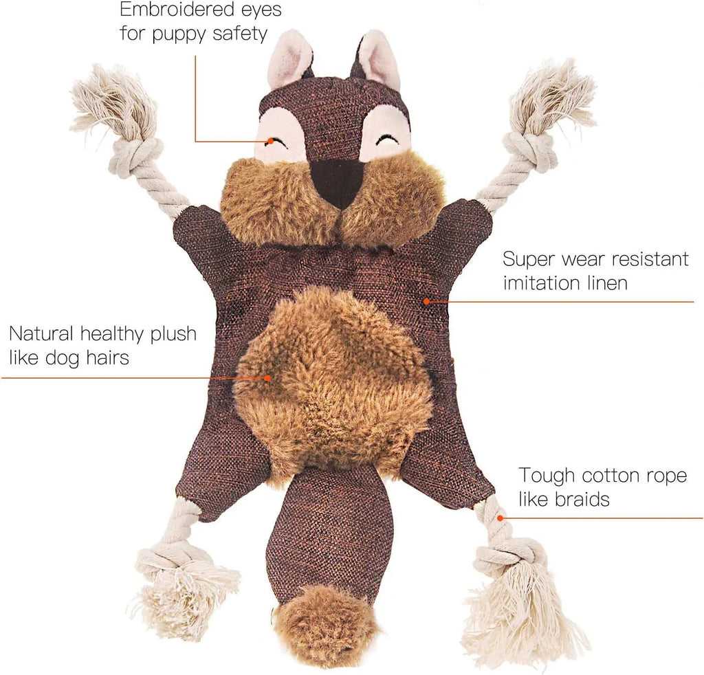 Brown stuffless fox plush dog toy with cotton rope arms, embroidered eyes, and a squeaker.