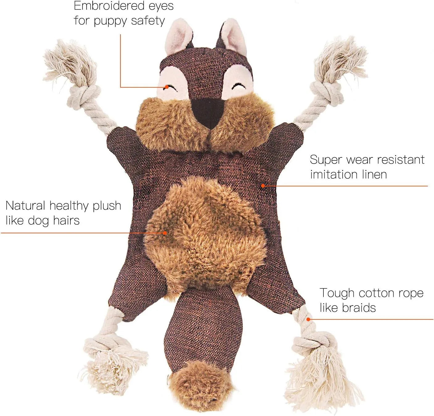 Brown stuffless fox plush dog toy with cotton rope arms, embroidered eyes, and a squeaker.