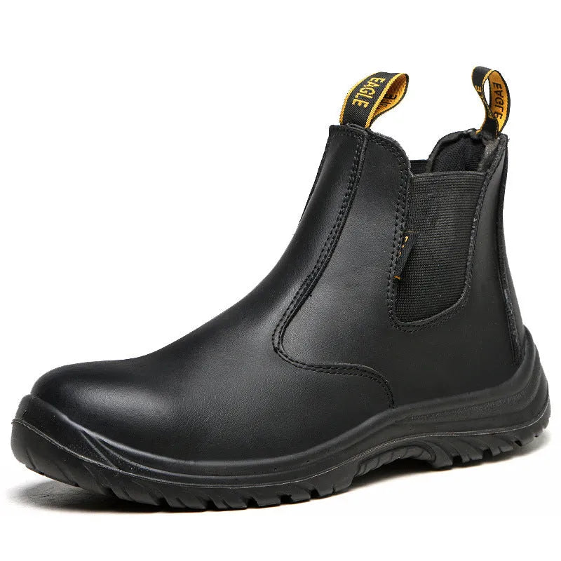 Black leather high-top safety boots with anti-piercing sole protection for workplace use