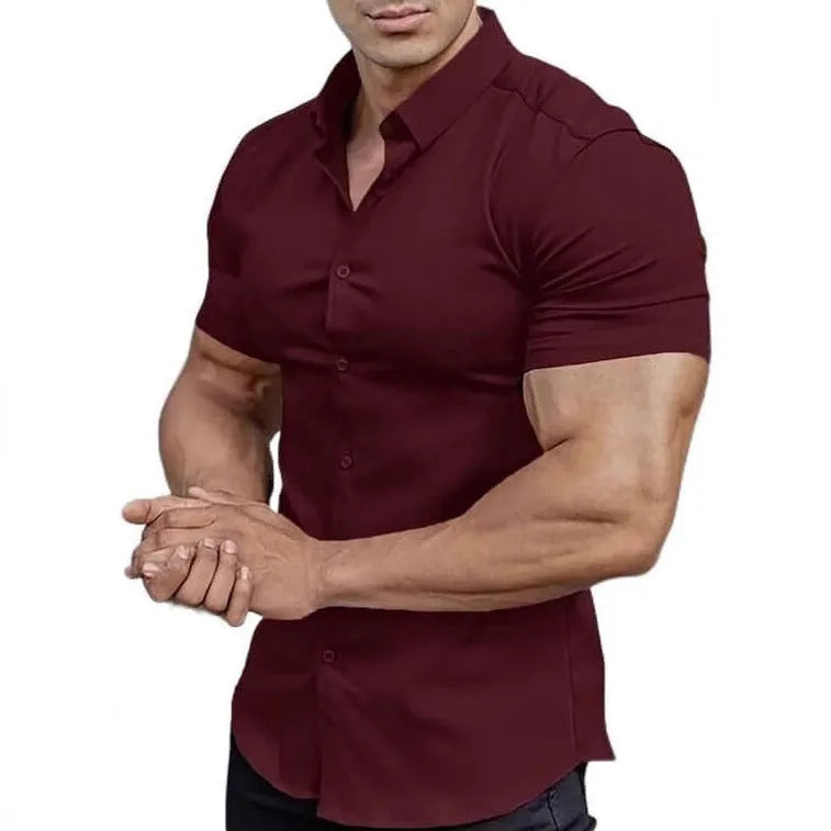 Men's short sleeve printed casual shirt in polyester fabric with collar