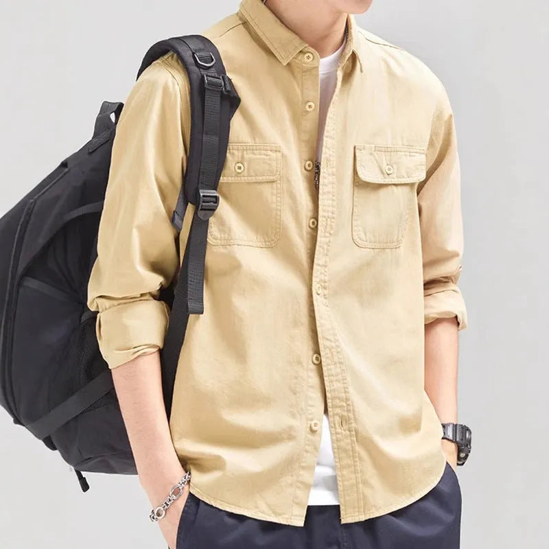 Men's loose fit long sleeve cardigan shirt in polyester fibre showing light grey colour option