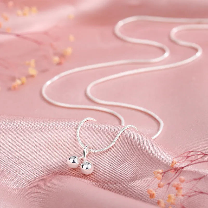Silver cherry necklace for women with adjustable snake bones chain and 925 silver pendant