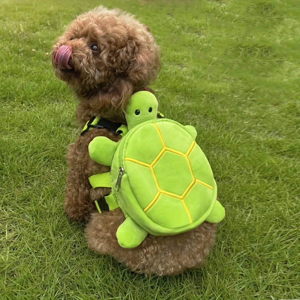 Turtle-shaped dog backpack harness vest with metal zipper in grey, green, brown, or light yellow colours