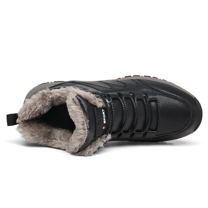 Men's black winter boots with plush lining, lace-up design, thick rubber sole, and round toe