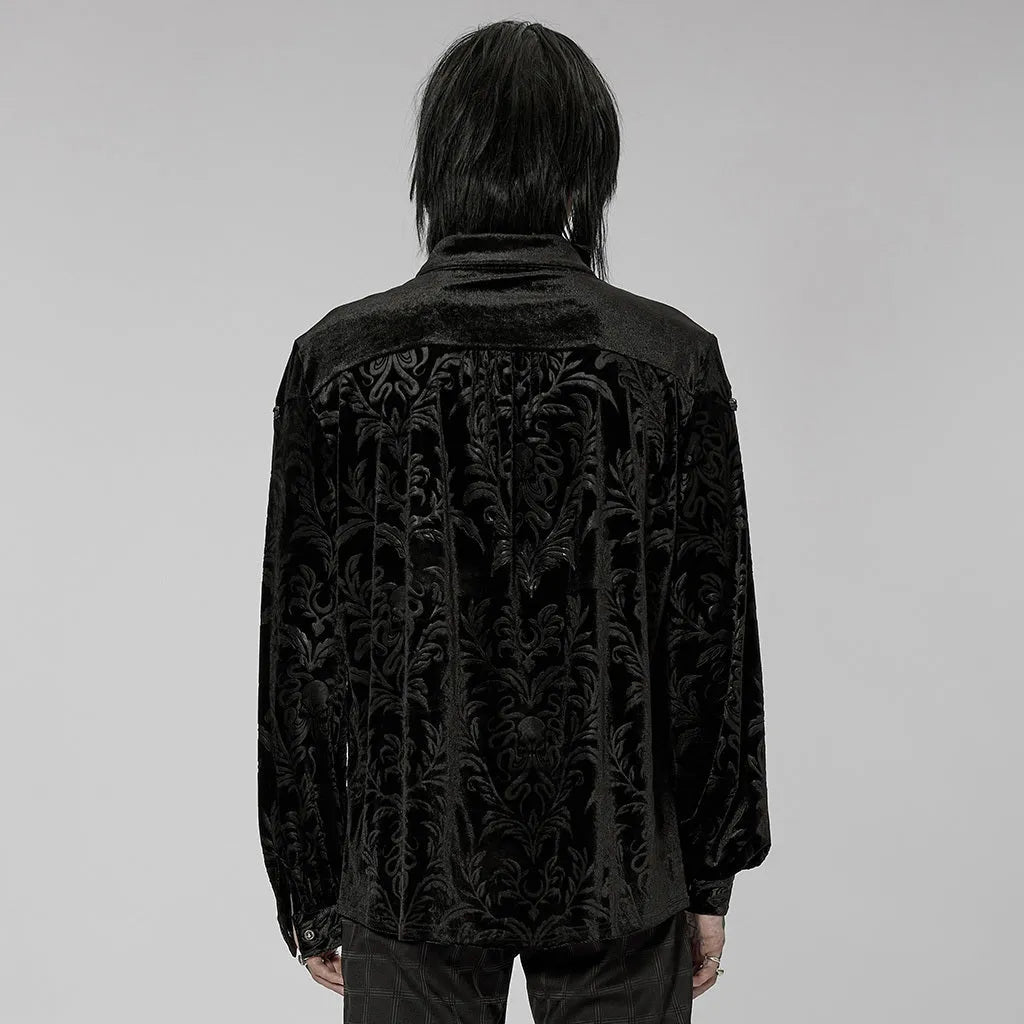 Gothic court college style velvet men's shirt in black with pointed collar and long sleeves