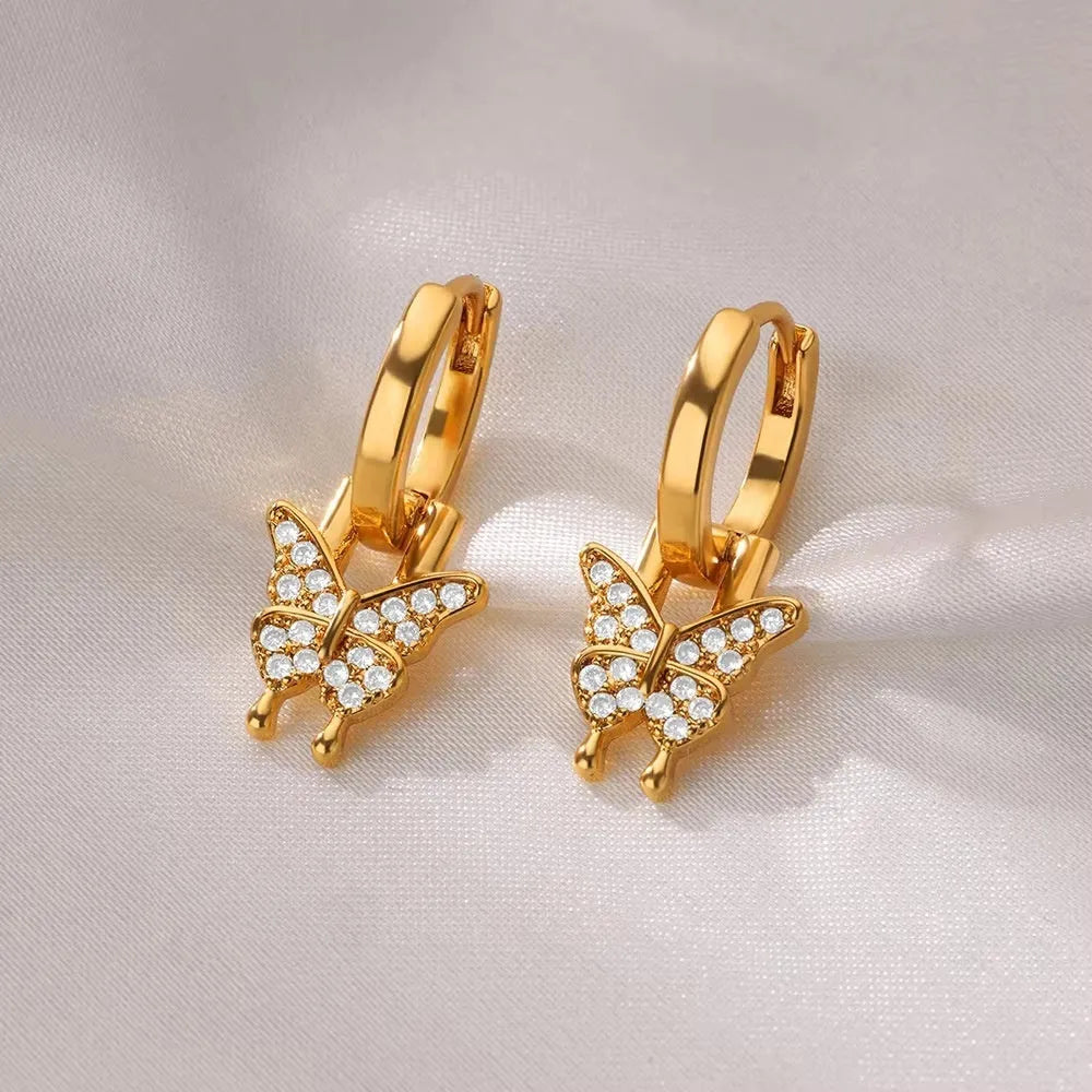 Women's copper geometric butterfly earrings with diamond treatment in multiple colour options