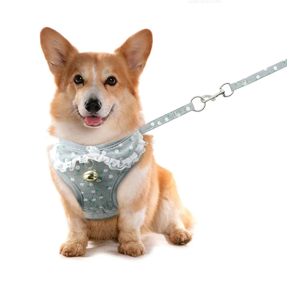 Pink canvas and polyester mesh dog chest harness with bell, adjustable chest strap, S size on small dog