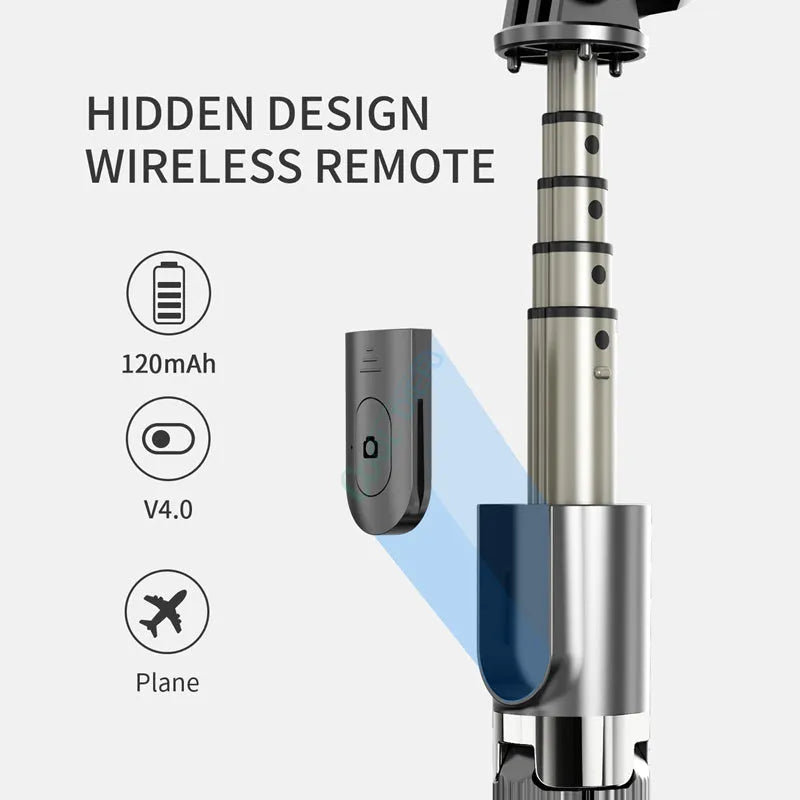 Tripod selfie stick for iPhone, black colour, extended to 700mm height on a table