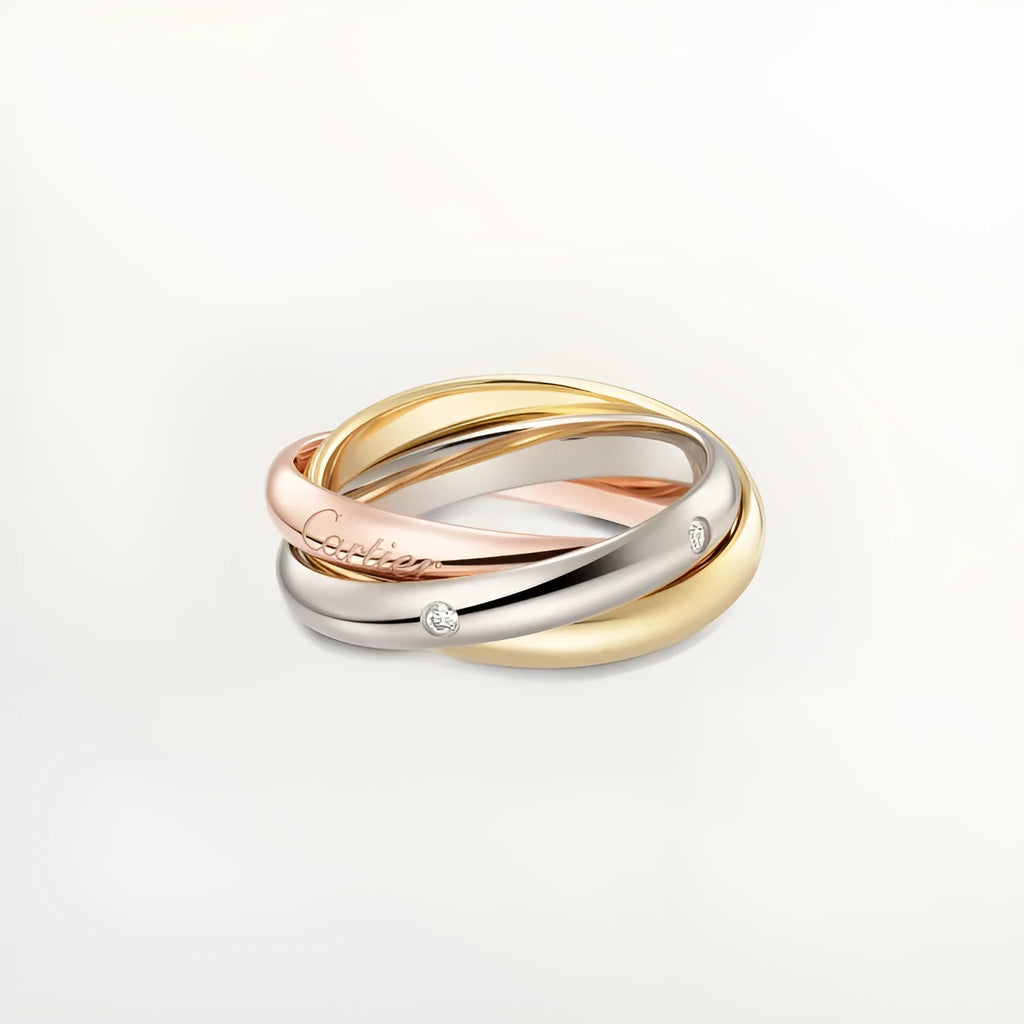 A geometric U-shaped sterling silver couple ring, shown in a two-tone gold rose silver finish.