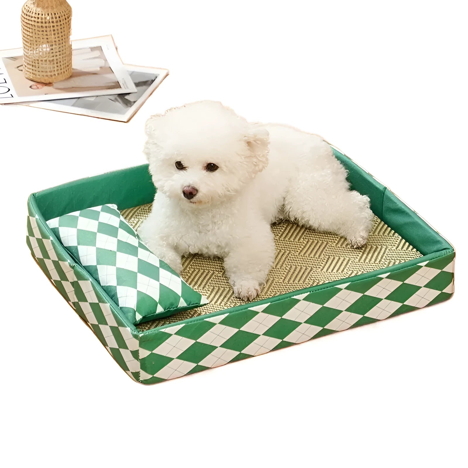 Rattan cat bed mat in blue colour showing size options for pet sleeping area