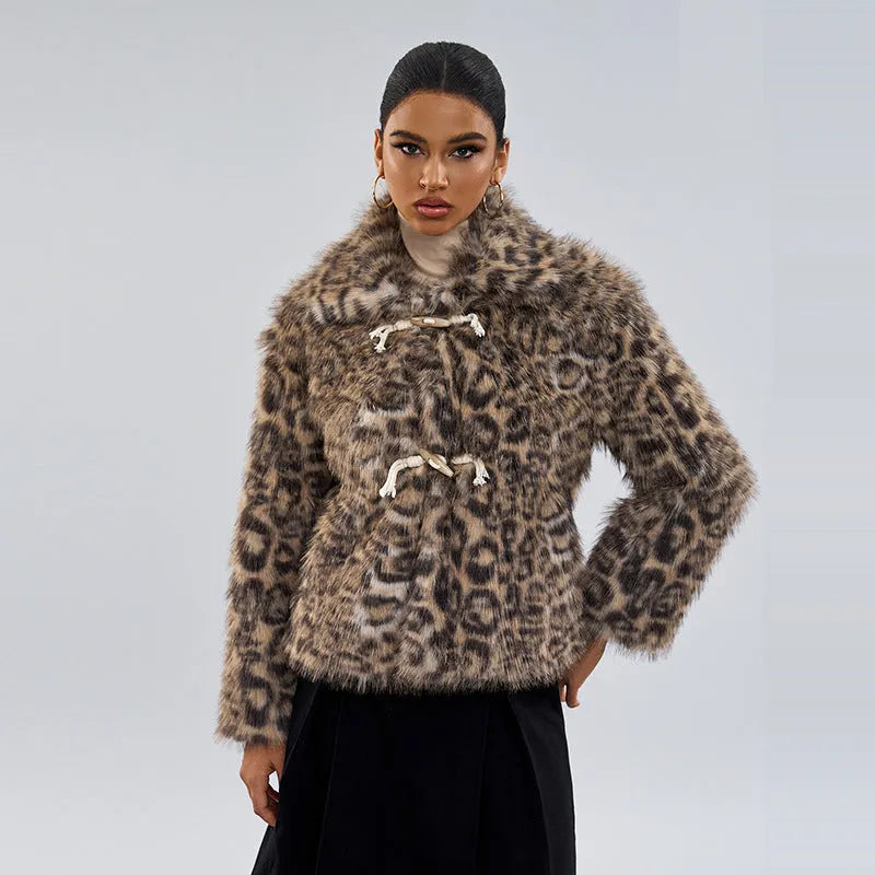 Women's leopard print polyester coat with regular sleeves in street fashion style.