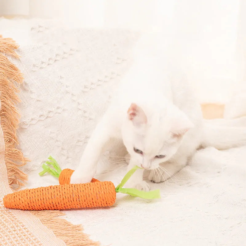Assortment of cat toys including carrot shapes, paper balls, and grinding sticks in two size options