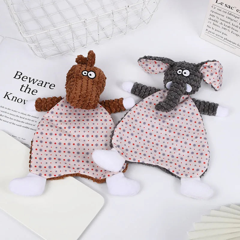 Brown velvet stuffed fox elephant pet toy with squeaky paper sound maker for cats and dogs.