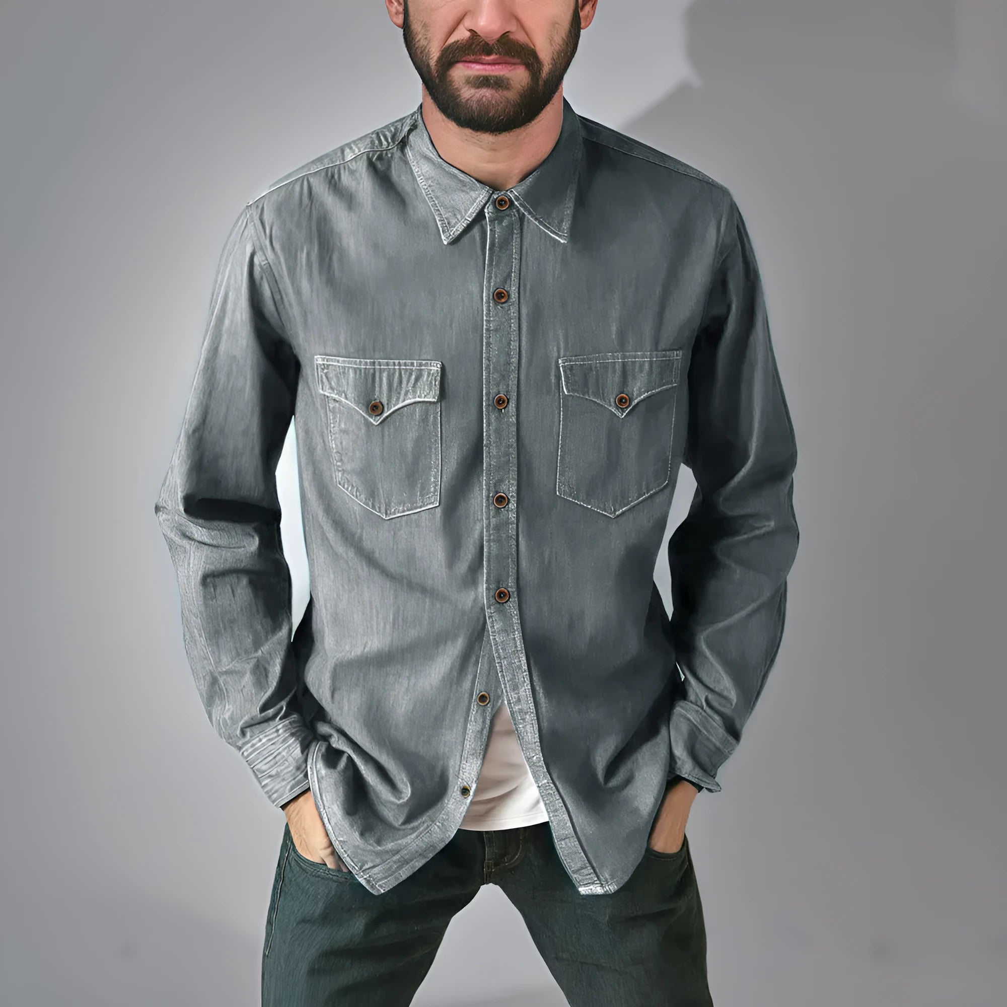 Man wearing a regular fit denim cardigan coat in khaki, showing the open front and cardigan style.