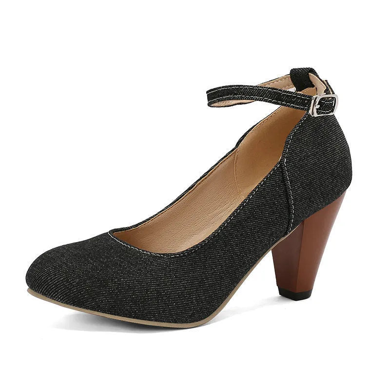 Denim women's high heel platform shoes with buckle fastening, round toe, shallow mouth, in solid colour, side view