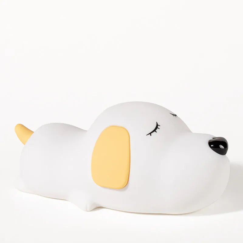 Silicone night lamp in cartoon dog shape, two-colour glow, USB charging port visible at base