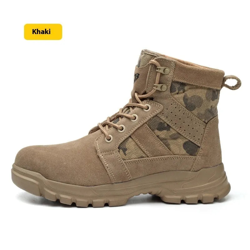 Khaki steel toe cap combat safety boots with suede upper and front lace-up closure