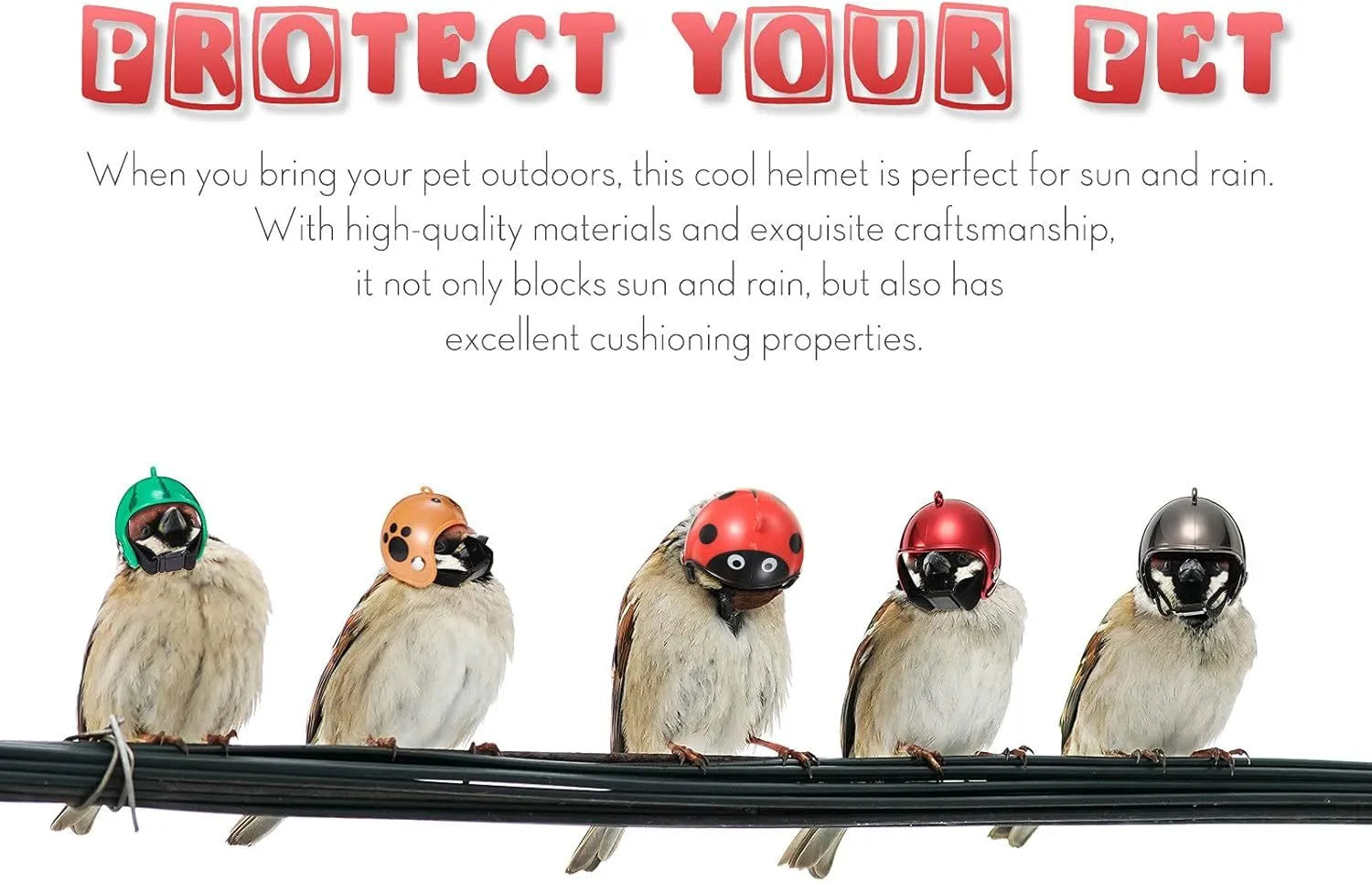 Small hard plastic helmet for a chicken with an elastic band and a soft interior sponge lining.